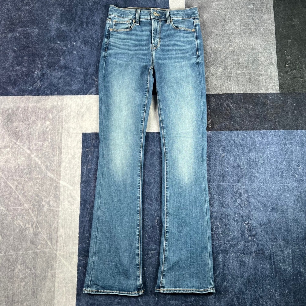 American Eagle High Rise Skinny Kick Jeans Next Level Stretch Blue 4 Whiskered